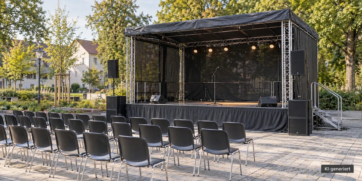 Überdachte Bühne mit Lichttechnik und Lautsprechern, davor Stuhlreihen auf einem gepflasterten Platz (KI-generiertes Bild)