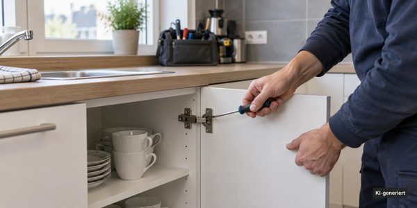 Hand zieht mit einem Schraubendreher das Scharnier einer Küchenschranktür nach (KI-generiertes Bild)