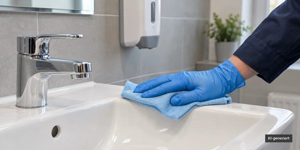 Behandschuhte Hand reinigt ein weißes Waschbecken mit einem Mikrofasertuch (KI-generiertes Bild)